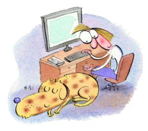 Cartoon of a woman working at home with her dog next to her
