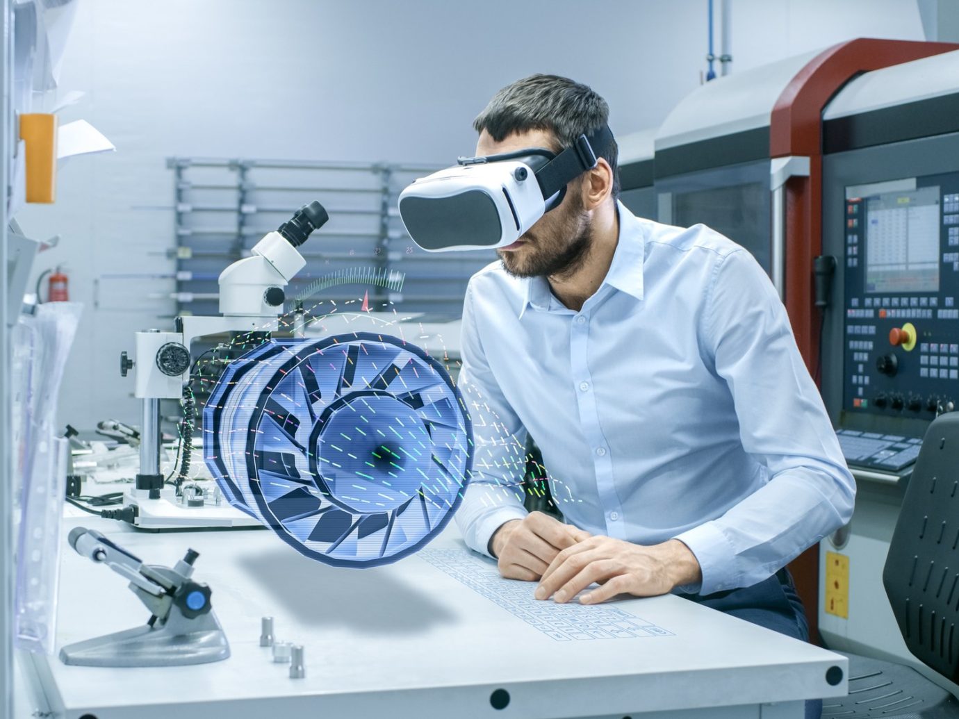 Factory Chief Engineer Wearing VR Headset Designs Engine Turbine